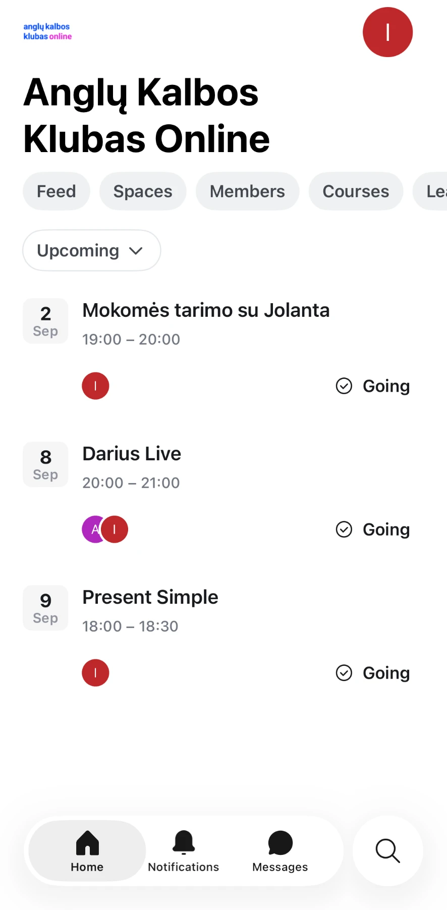 Circle programėlės gyvų pamokų kalendorius